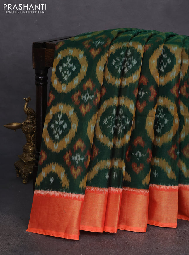 Ikat silk cotton saree green and orange with allover ikat weaves and zari woven border