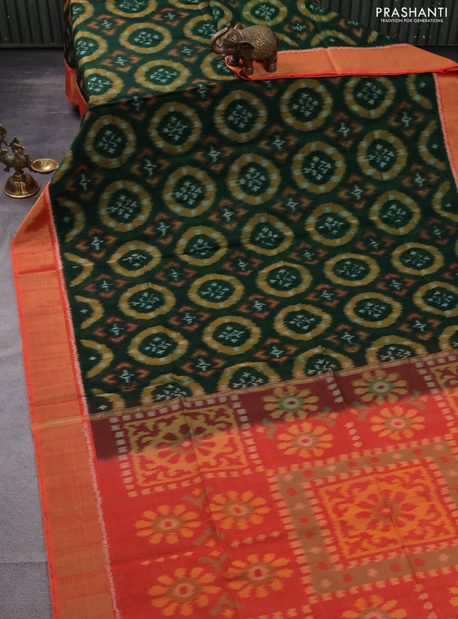 Ikat silk cotton saree green and orange with allover ikat weaves and zari woven border