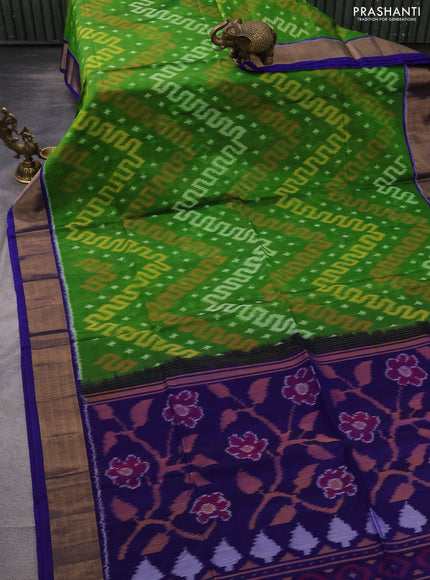 Ikat silk cotton saree light green and blue with allover ikat weaves and zari woven border