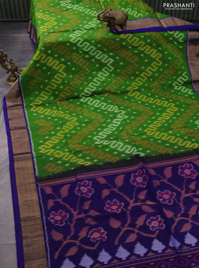 Ikat silk cotton saree light green and blue with allover ikat weaves and zari woven border