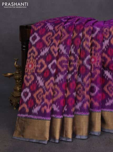 Ikat silk cotton saree violet and grey with allover ikat weaves and zari woven border