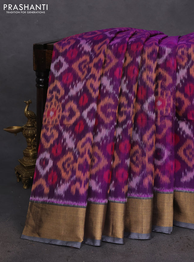 Ikat silk cotton saree violet and grey with allover ikat weaves and zari woven border