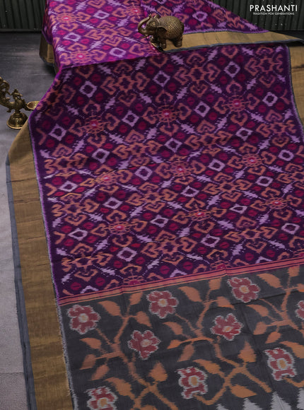 Ikat silk cotton saree violet and grey with allover ikat weaves and zari woven border