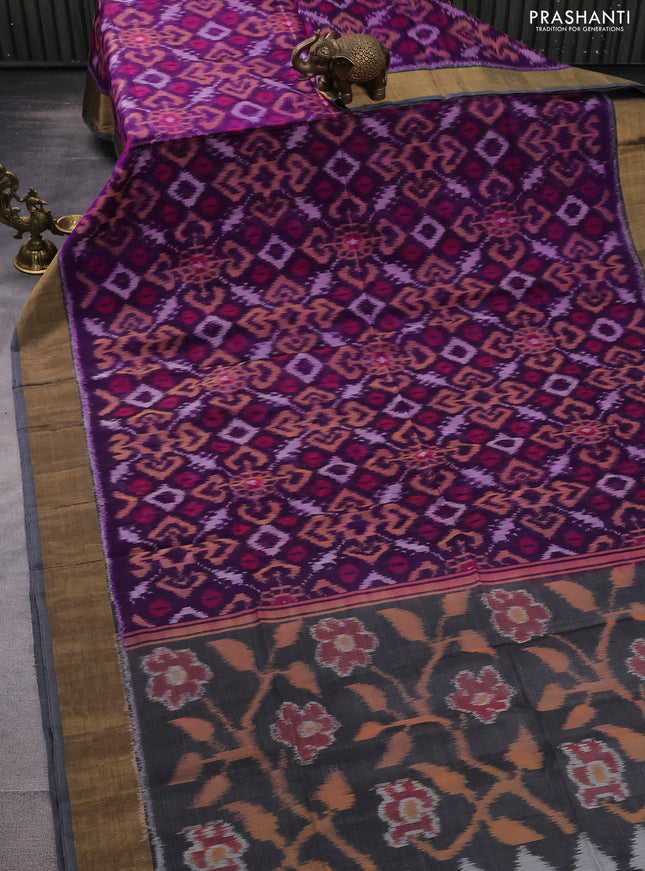 Ikat silk cotton saree violet and grey with allover ikat weaves and zari woven border