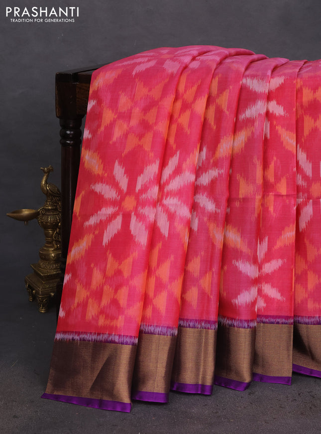 Ikat silk cotton saree pink and violet with allover ikat weaves and zari woven border