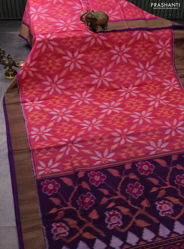 Ikat silk cotton saree pink and violet with allover ikat weaves and zari woven border