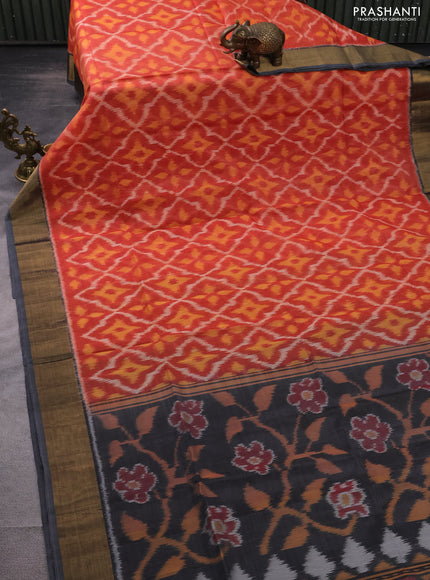 Ikat silk cotton saree orange and grey with allover ikat weaves and zari woven border