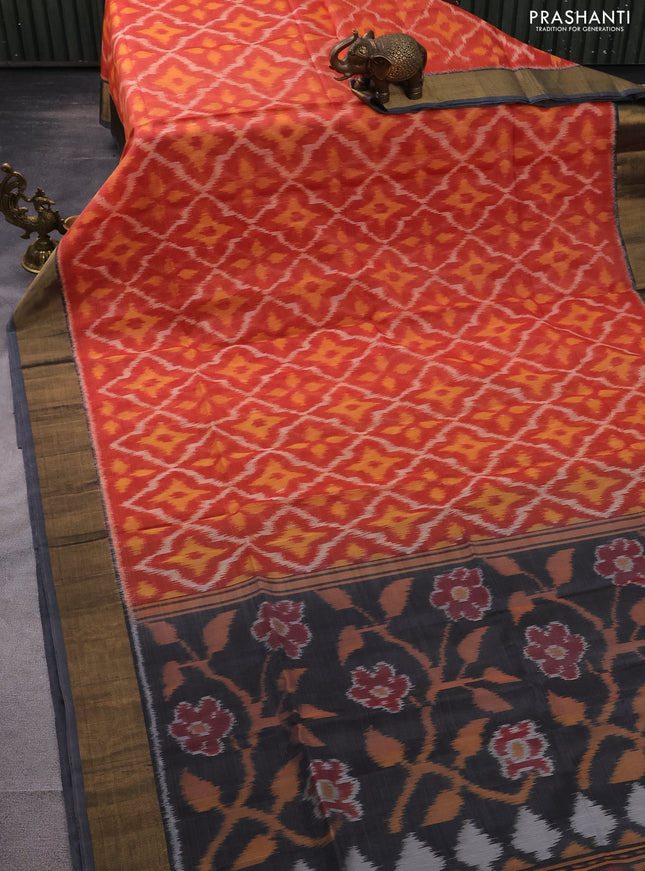 Ikat silk cotton saree orange and grey with allover ikat weaves and zari woven border