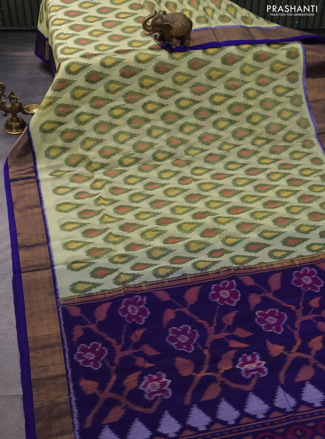 Ikat silk cotton saree pista green and blue with allover ikat weaves and zari woven border