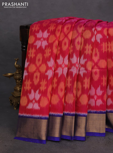 Ikat silk cotton saree pink and blue with allover ikat weaves and zari woven border