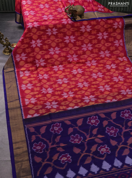 Ikat silk cotton saree pink and blue with allover ikat weaves and zari woven border