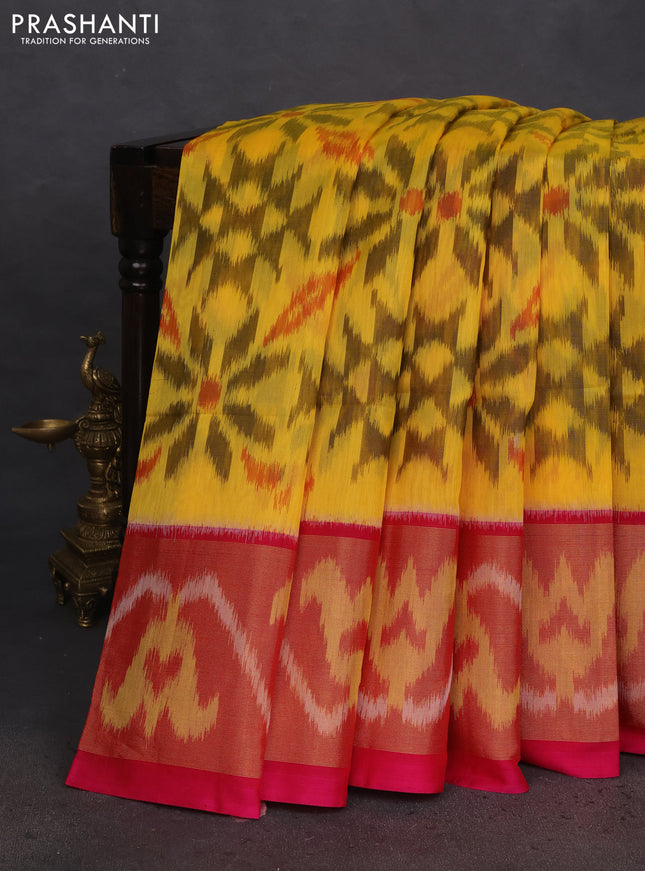 Ikat silk cotton saree yellow and pink with allover ikat weaves and long ikat woven zari border