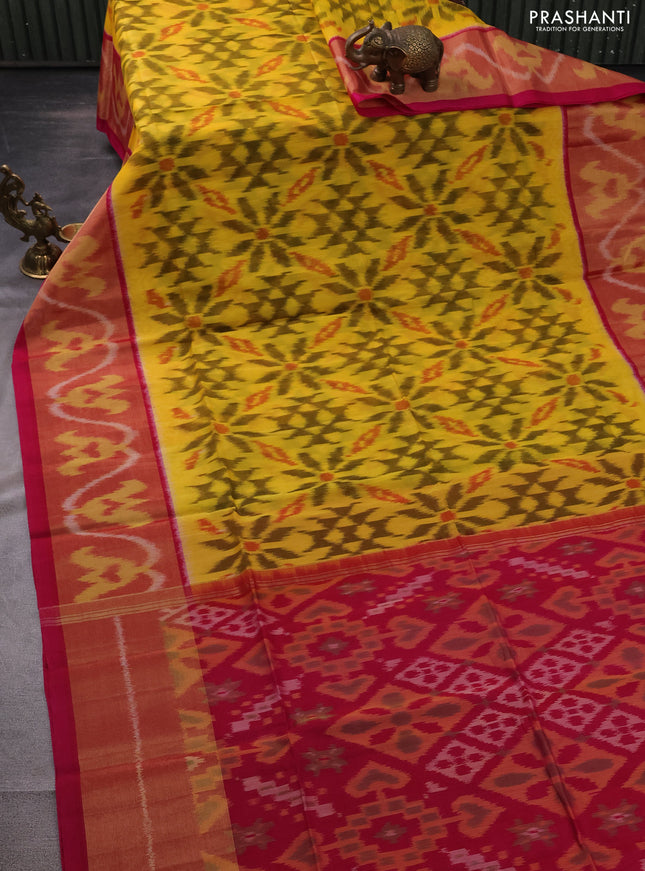 Ikat silk cotton saree yellow and pink with allover ikat weaves and long ikat woven zari border