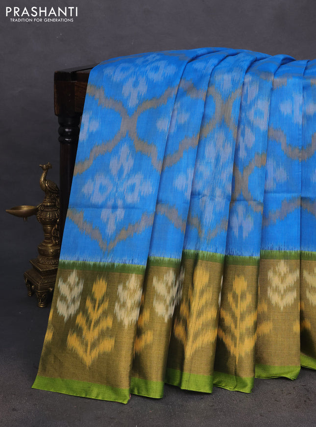 Ikat silk cotton saree blue and light green with allover ikat weaves and long ikat woven zari border