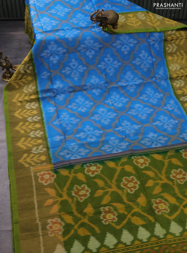 Ikat silk cotton saree blue and light green with allover ikat weaves and long ikat woven zari border