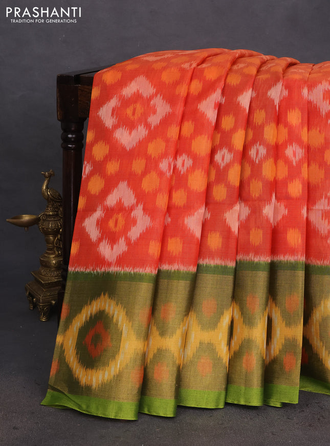 Ikat silk cotton saree orange and light green with allover ikat weaves and long ikat woven zari border