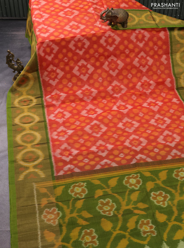 Ikat silk cotton saree orange and light green with allover ikat weaves and long ikat woven zari border