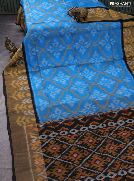 Ikat silk cotton saree blue and black with allover ikat weaves and long ikat woven zari border