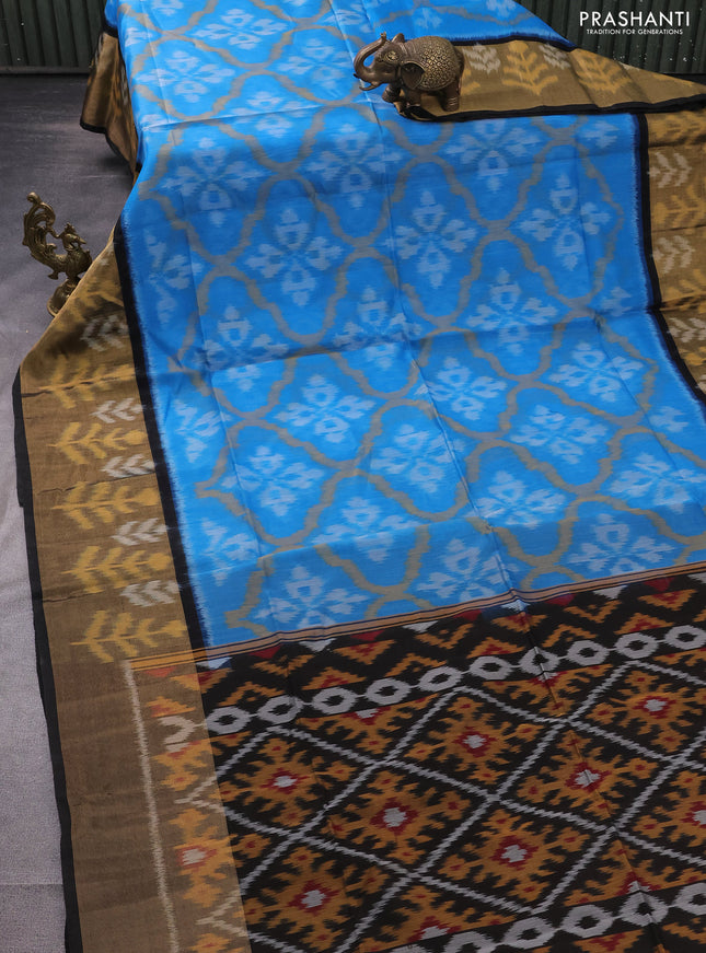 Ikat silk cotton saree blue and black with allover ikat weaves and long ikat woven zari border