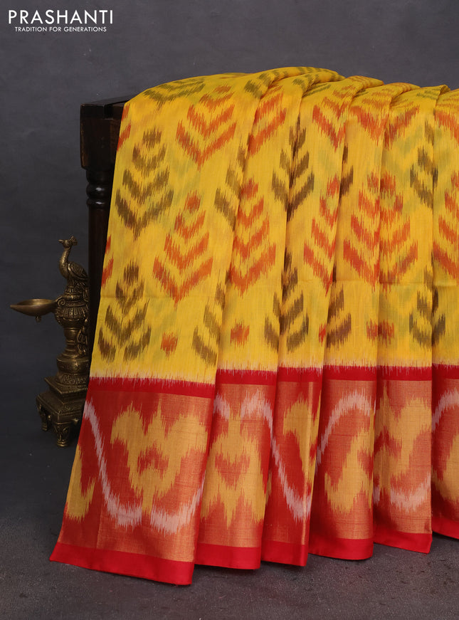 Ikat silk cotton saree yellow and red with allover ikat weaves and long ikat woven zari border