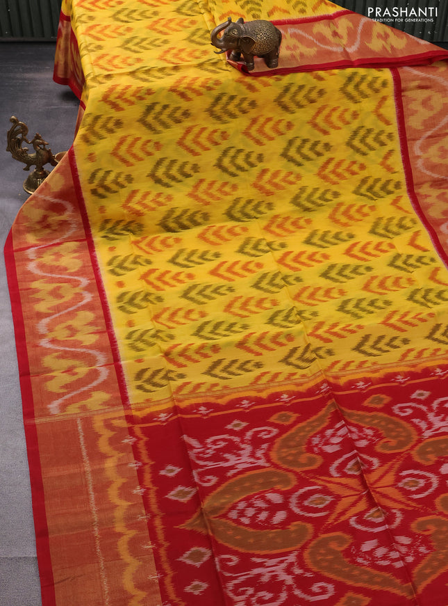 Ikat silk cotton saree yellow and red with allover ikat weaves and long ikat woven zari border