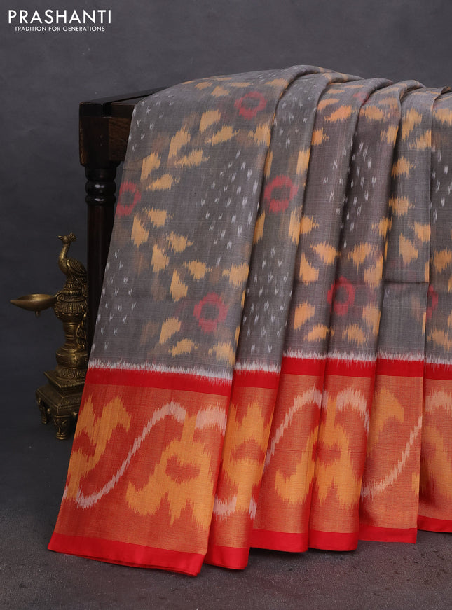 Ikat silk cotton saree grey and red with allover ikat weaves and long ikat woven zari border