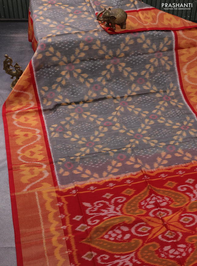 Ikat silk cotton saree grey and red with allover ikat weaves and long ikat woven zari border