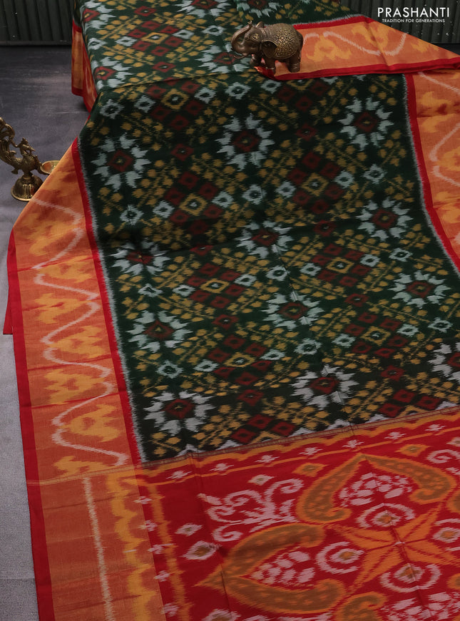 Ikat silk cotton saree bottle green and red with allover ikat weaves and long ikat woven zari border