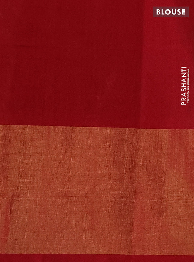 Ikat silk cotton saree bottle green and red with allover ikat weaves and long ikat woven zari border