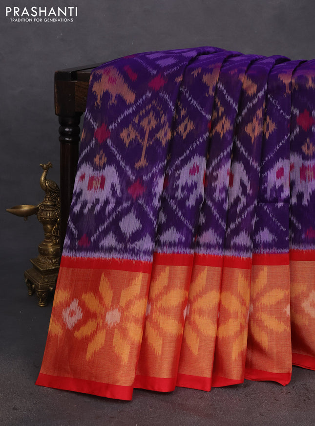 Ikat silk cotton saree blue and red with allover ikat weaves and long ikat woven zari border