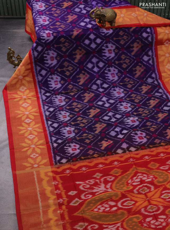 Ikat silk cotton saree blue and red with allover ikat weaves and long ikat woven zari border