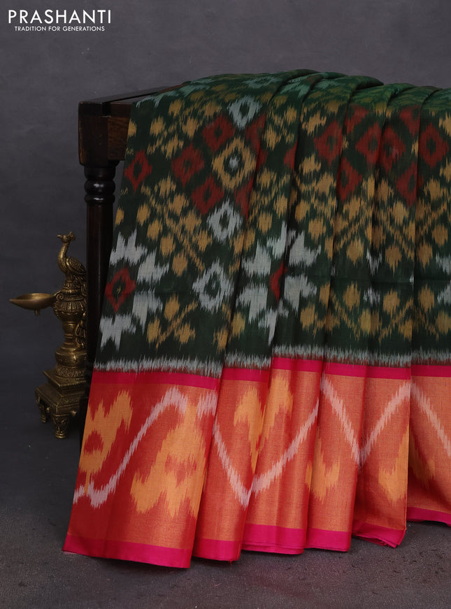 Ikat silk cotton saree bottle green and pink with allover ikat weaves and long ikat woven zari border