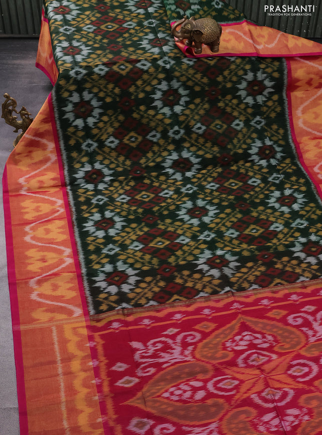 Ikat silk cotton saree bottle green and pink with allover ikat weaves and long ikat woven zari border