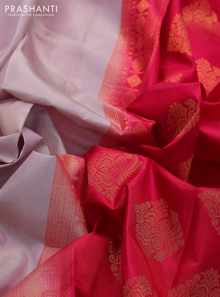 Pure kanchipuram silk saree beige and pink with plain body and small zari woven border