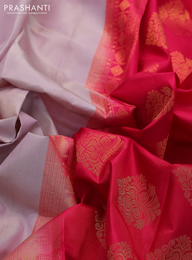 Pure kanchipuram silk saree beige and pink with plain body and small zari woven border