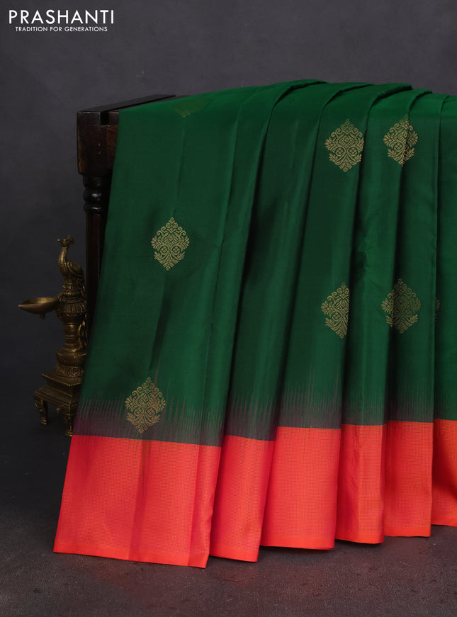 Pure kanchipuram silk saree green and dual shade of orange with zari woven buttas and zari woven border