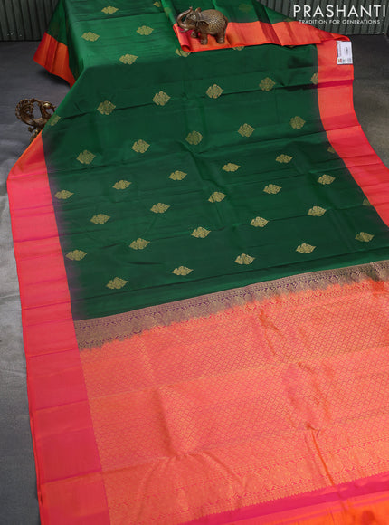 Pure kanchipuram silk saree green and dual shade of orange with zari woven buttas and zari woven border