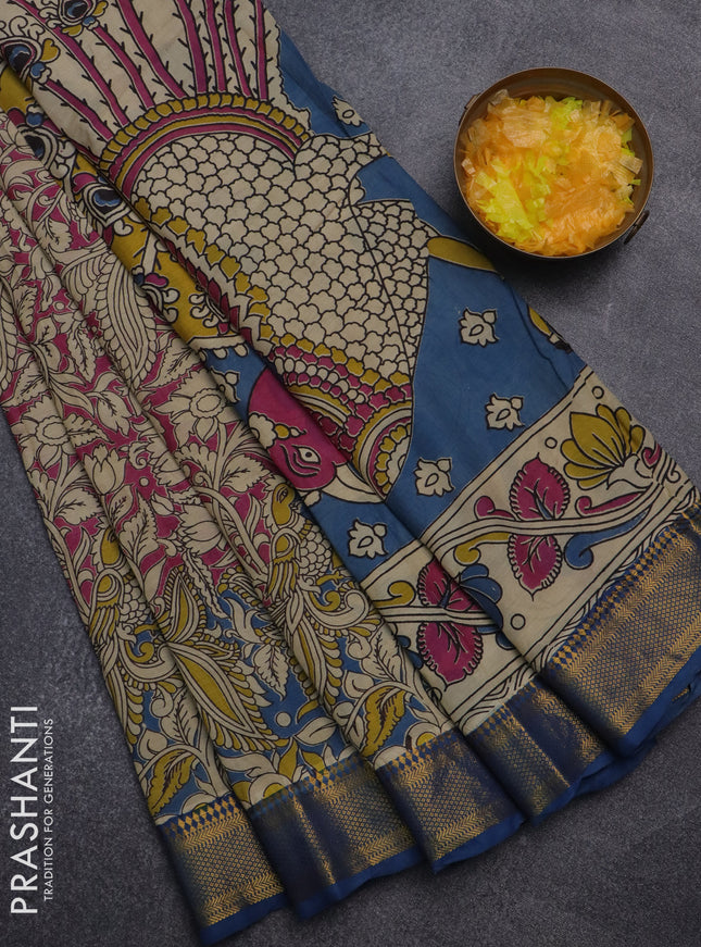 Kalamkari semi silk saree pink and blue with allover kalamkari prints and mangalgiri border