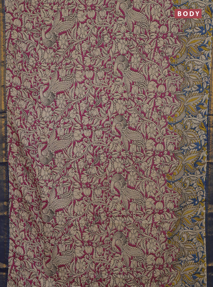 Kalamkari semi silk saree pink and blue with allover kalamkari prints and mangalgiri border