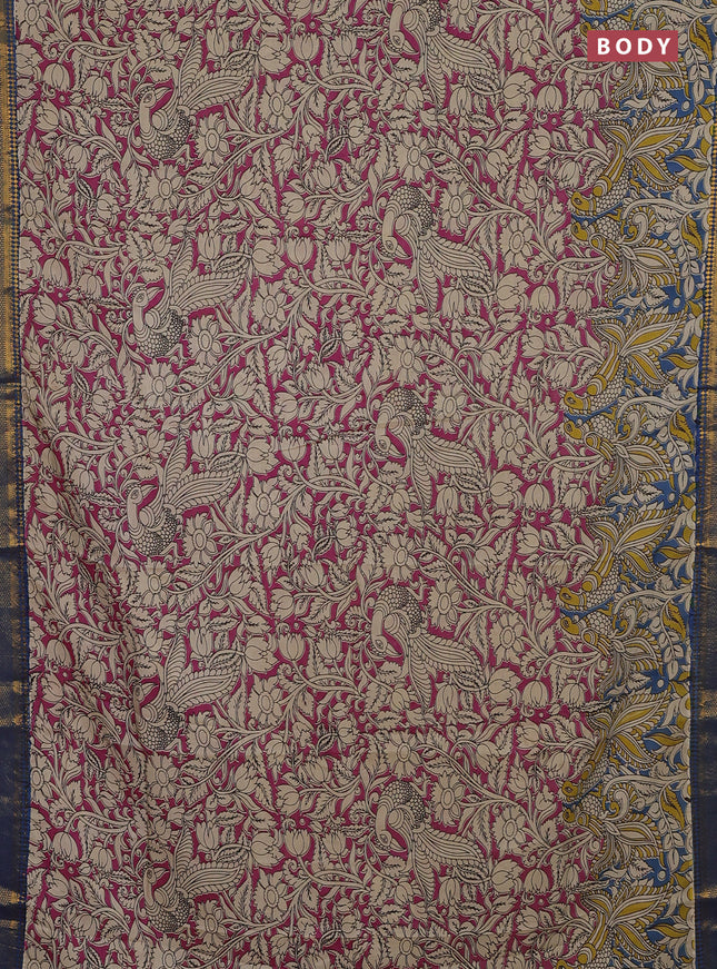 Kalamkari semi silk saree pink and blue with allover kalamkari prints and mangalgiri border