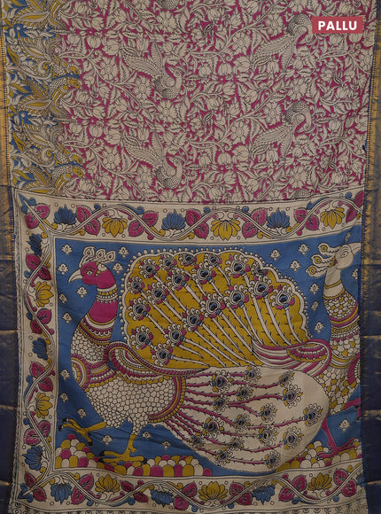 Kalamkari semi silk saree pink and blue with allover kalamkari prints and mangalgiri border