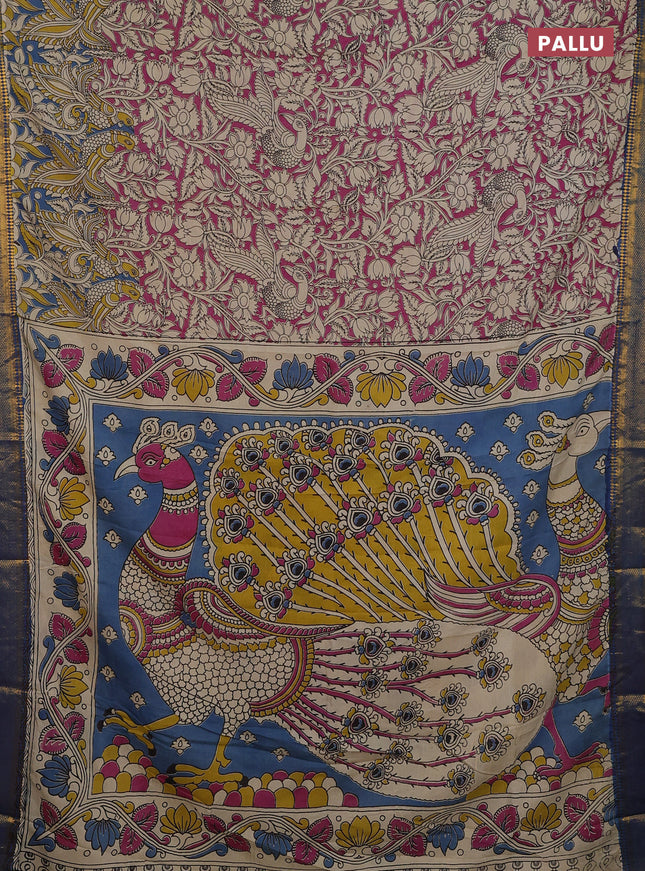 Kalamkari semi silk saree pink and blue with allover kalamkari prints and mangalgiri border