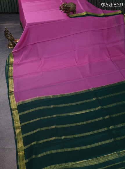 Pure mysore silk saree mauve pink and green with plain body and zari woven border