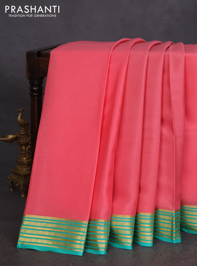Pure mysore silk saree peach pink and teal green with plain body and zari woven border