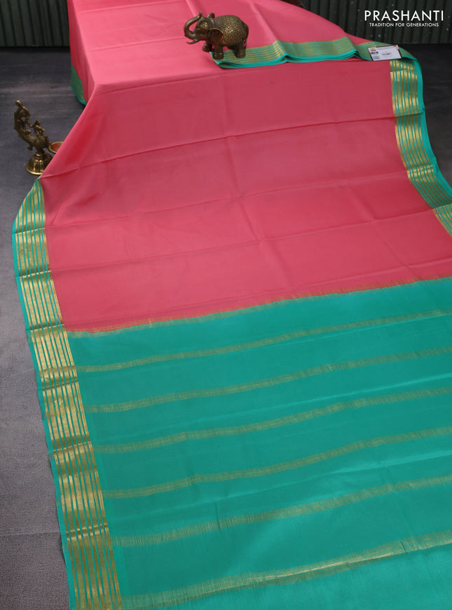 Pure mysore silk saree peach pink and teal green with plain body and zari woven border