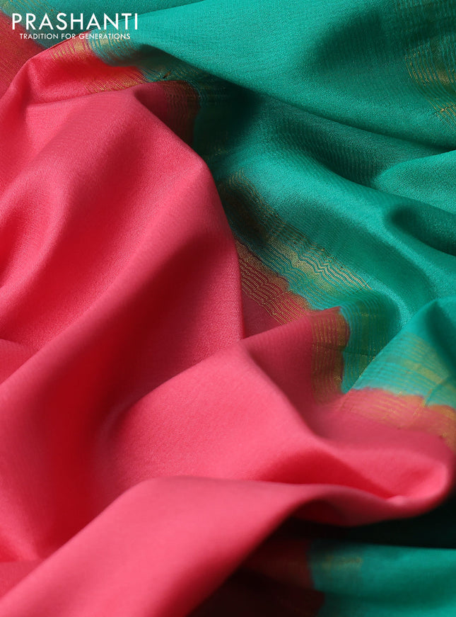 Pure mysore silk saree peach pink and teal green with plain body and zari woven border