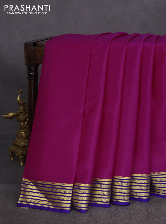 Pure mysore silk saree pink and blue with plain body and zari woven border