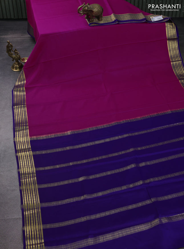 Pure mysore silk saree pink and blue with plain body and zari woven border