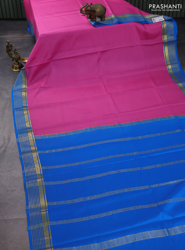 Pure mysore silk saree pink and cs blue with plain body and zari woven border