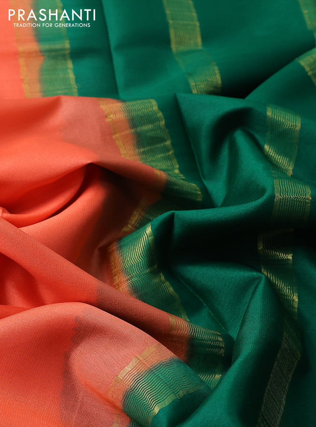 Pure mysore silk saree orange and green with plain body and rettapet zari woven border